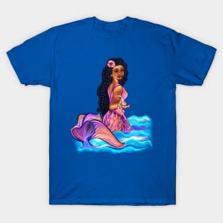 Mermaid  with rainbow coloured colored fins, hibiscus, outstretched  arm, brown eyes, Curly hair  and caramel brown skin - light background T-Shirt